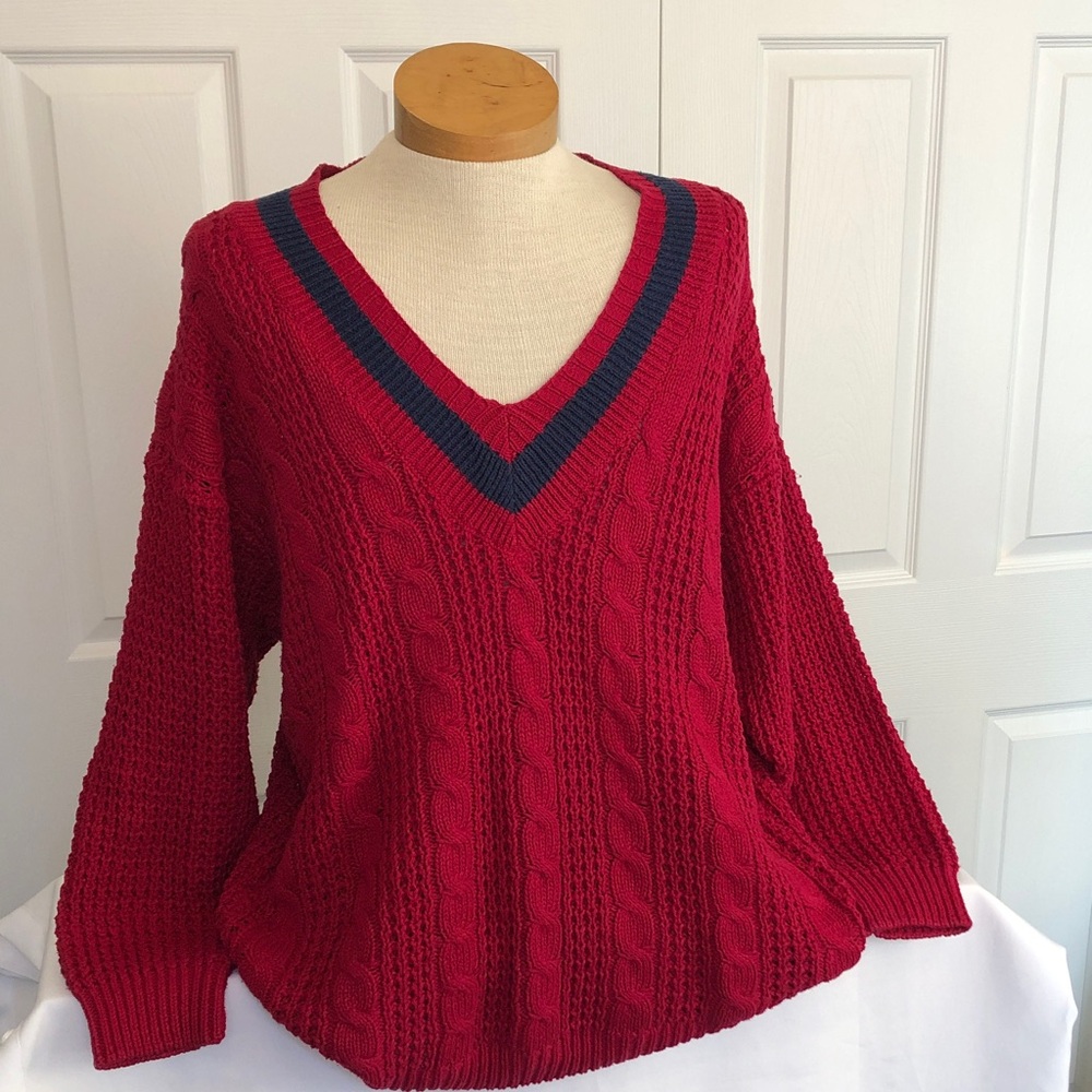 JK America Vintage Elegant Red V-Neck Cable Knit Sweater